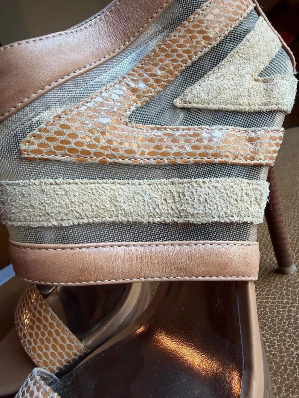 DKNY Sasha suede leather snakeskin strappy taupe beige High Heel Sandals 7.5